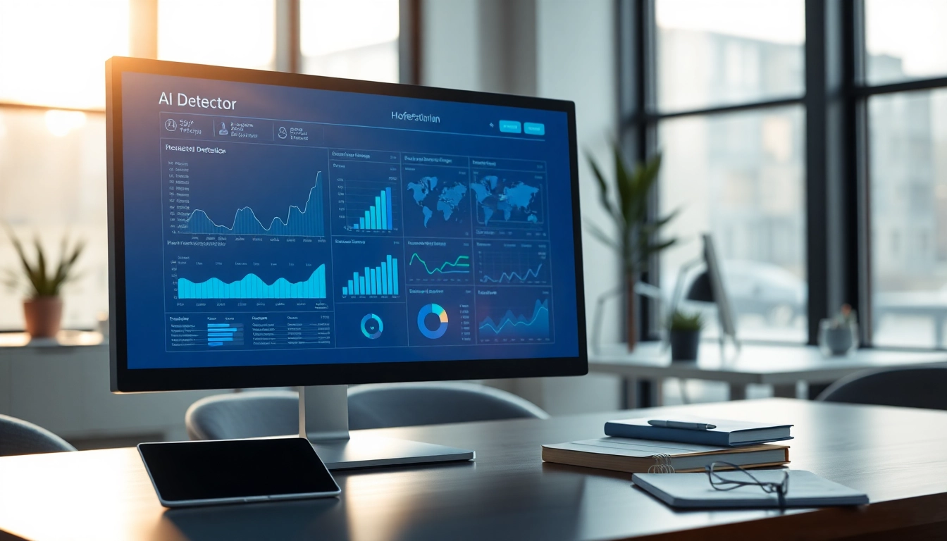 Analyze text with the advanced ai detector interface in a modern office setting.