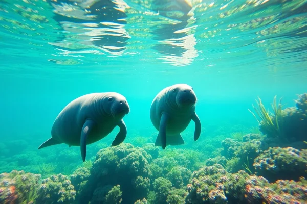 Manatees Puerto Rico swimming peacefully in clear ocean waters surrounded by coral and seagrass.