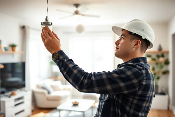 Electrical Contractor skillfully installing light fixtures in a modern home setting.
