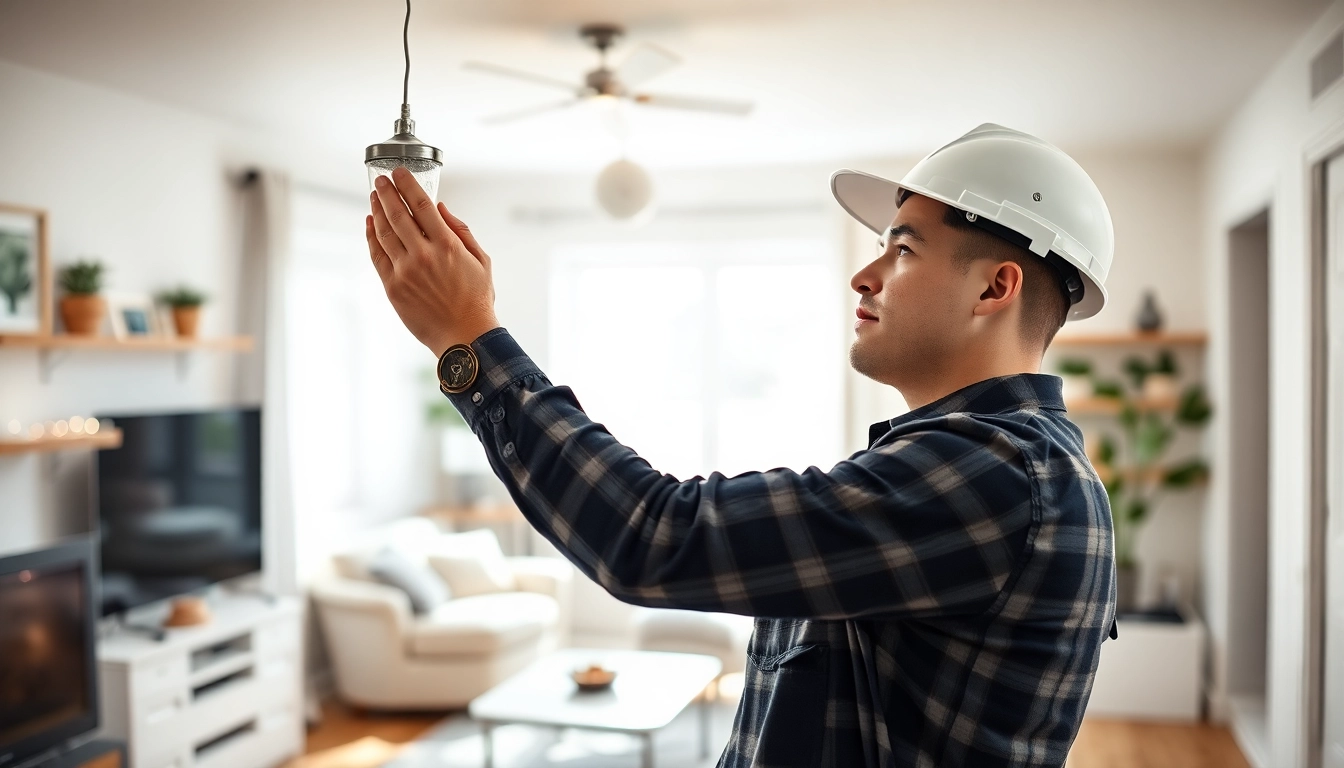 Electrical Contractor skillfully installing light fixtures in a modern home setting.