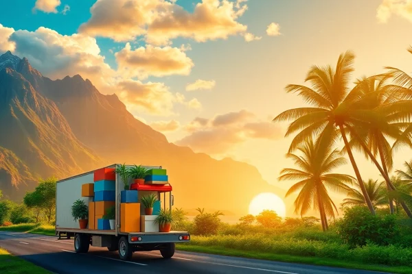 Moving from Alaska to Hawaii with a truck transporting packed goods in contrasting scenic landscapes.