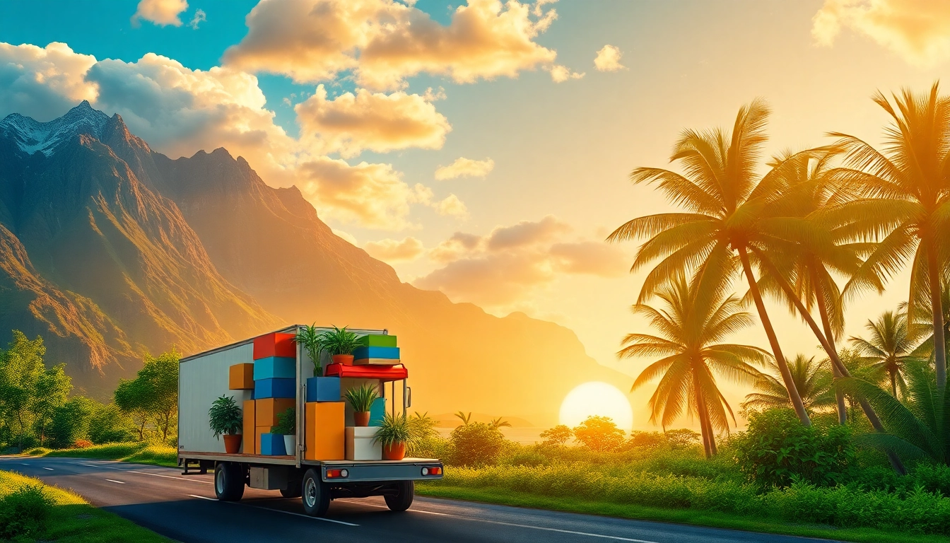 Moving from Alaska to Hawaii with a truck transporting packed goods in contrasting scenic landscapes.