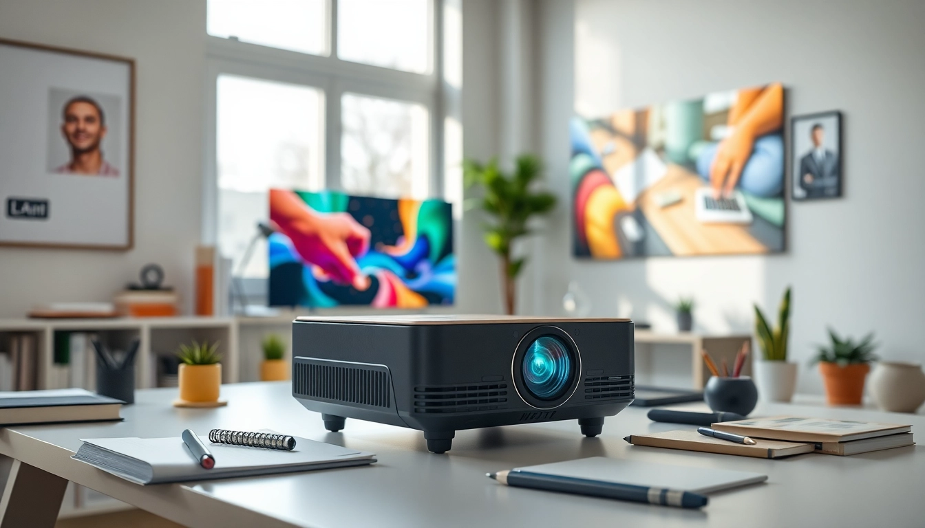 Projector displaying vibrant visuals in a bright home office setting, inspiring creativity.