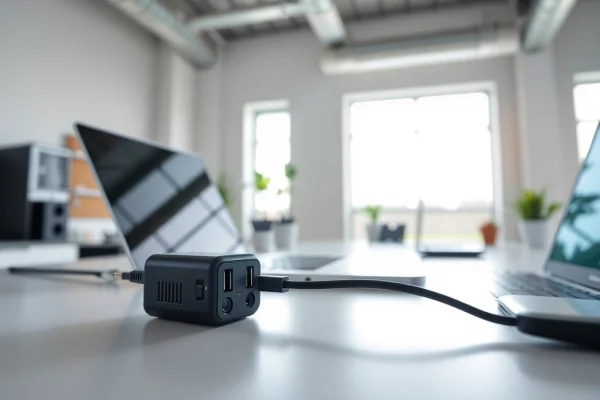 Showcasing a starlink mini 12v adapter on a modern desk with tech accessories