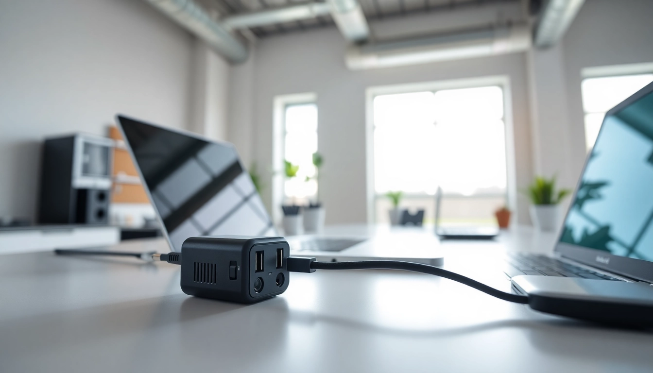 Showcasing a starlink mini 12v adapter on a modern desk with tech accessories