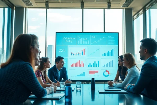 Engaging professionals collaborating using AI for competitor analysis in a modern conference setting.