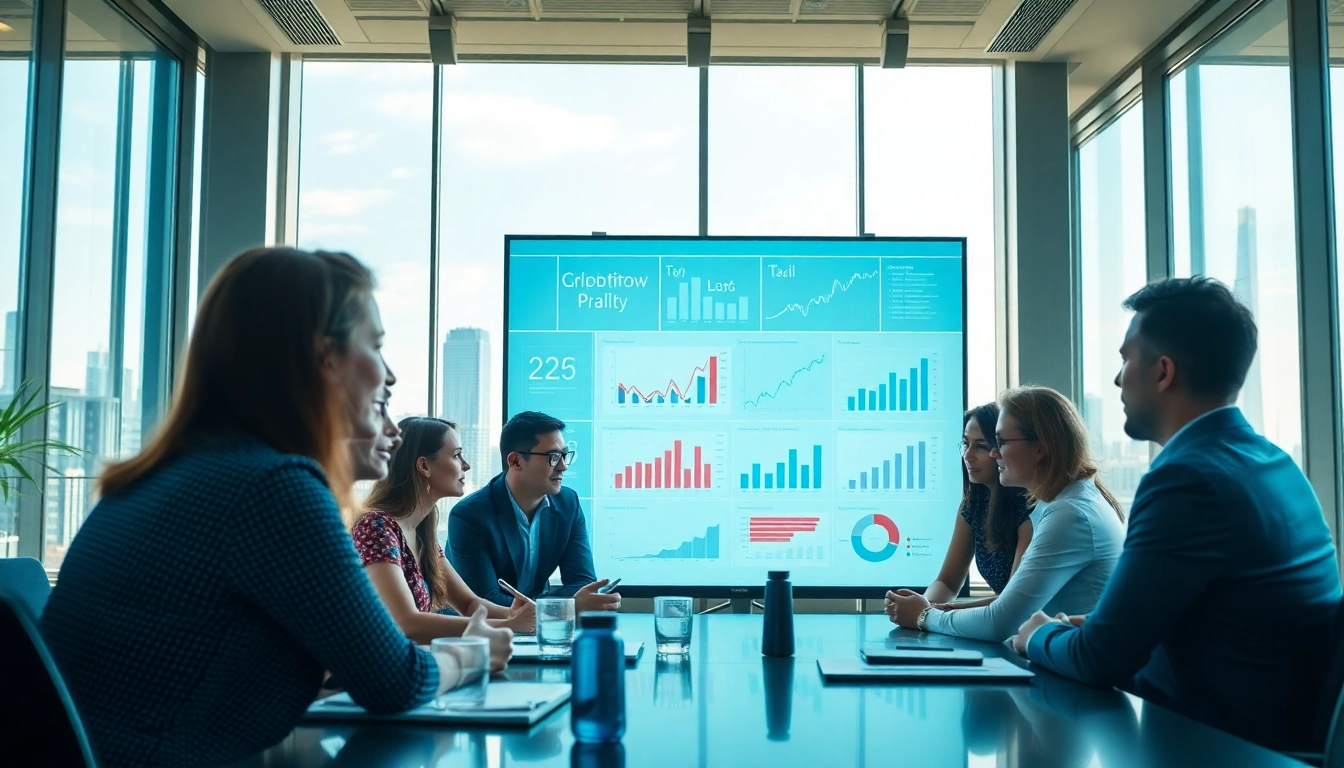 Engaging professionals collaborating using AI for competitor analysis in a modern conference setting.