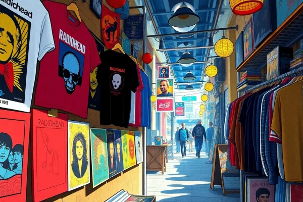 Showcase of diverse Radiohead merch including t-shirts, hoodies, and vinyl records.