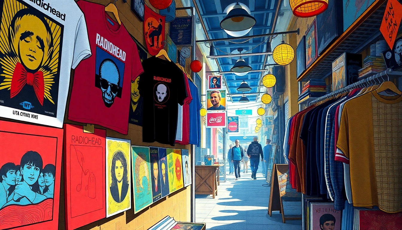 Showcase of diverse Radiohead merch including t-shirts, hoodies, and vinyl records.