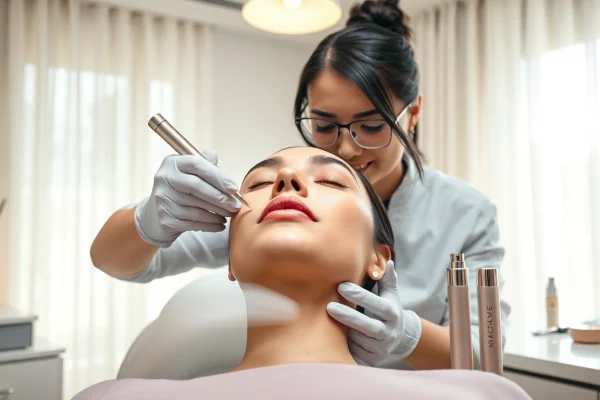 Lip enhancements health spa showcasing a professional aesthetician at work in a serene treatment room.