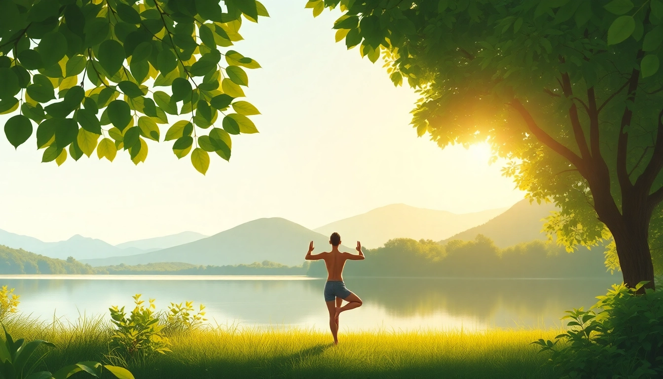 Practicing yoga in nature for dealing with stress, promoting relaxation and mindfulness.
