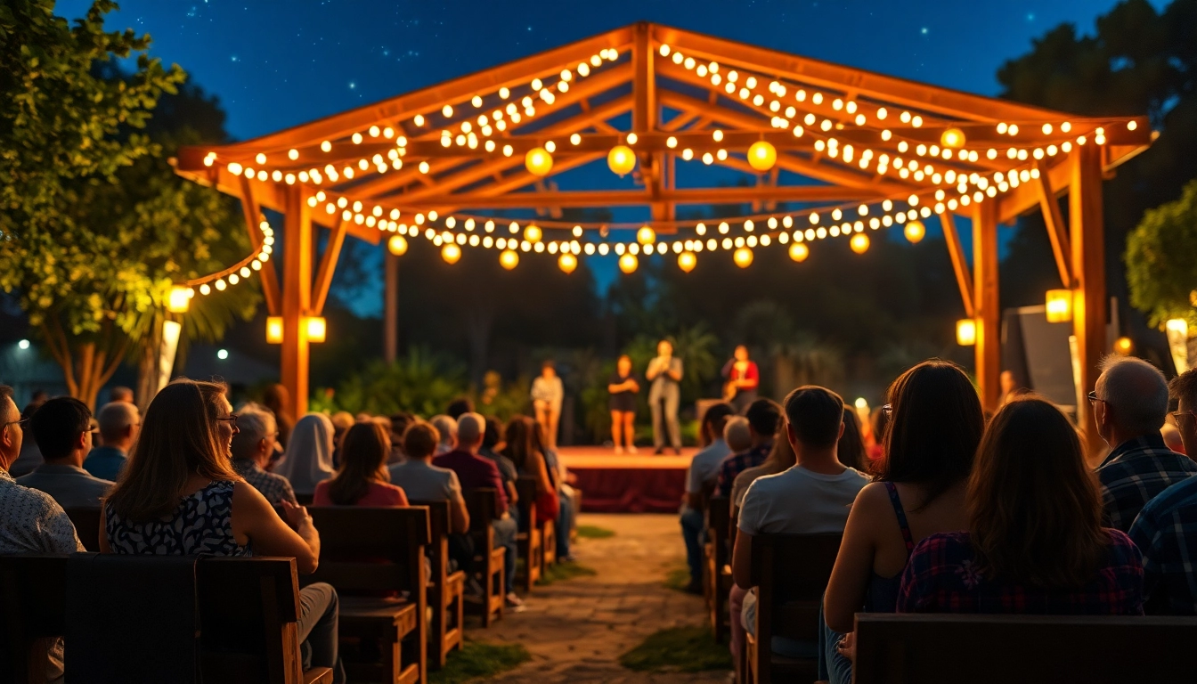 Audience enjoying a performance at the firelight theater under twinkling stars.