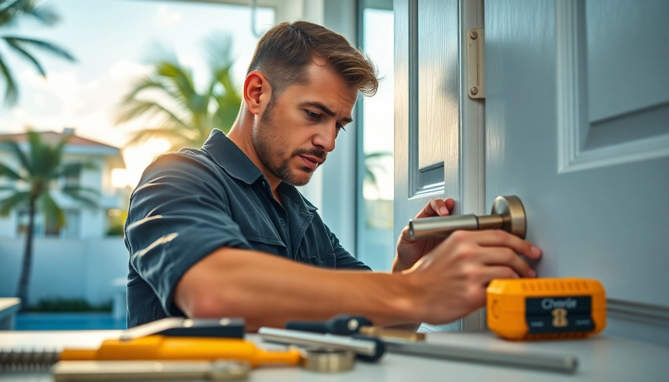 Locksmith Miami professional repairing a residential lock in a sunny Miami setting.