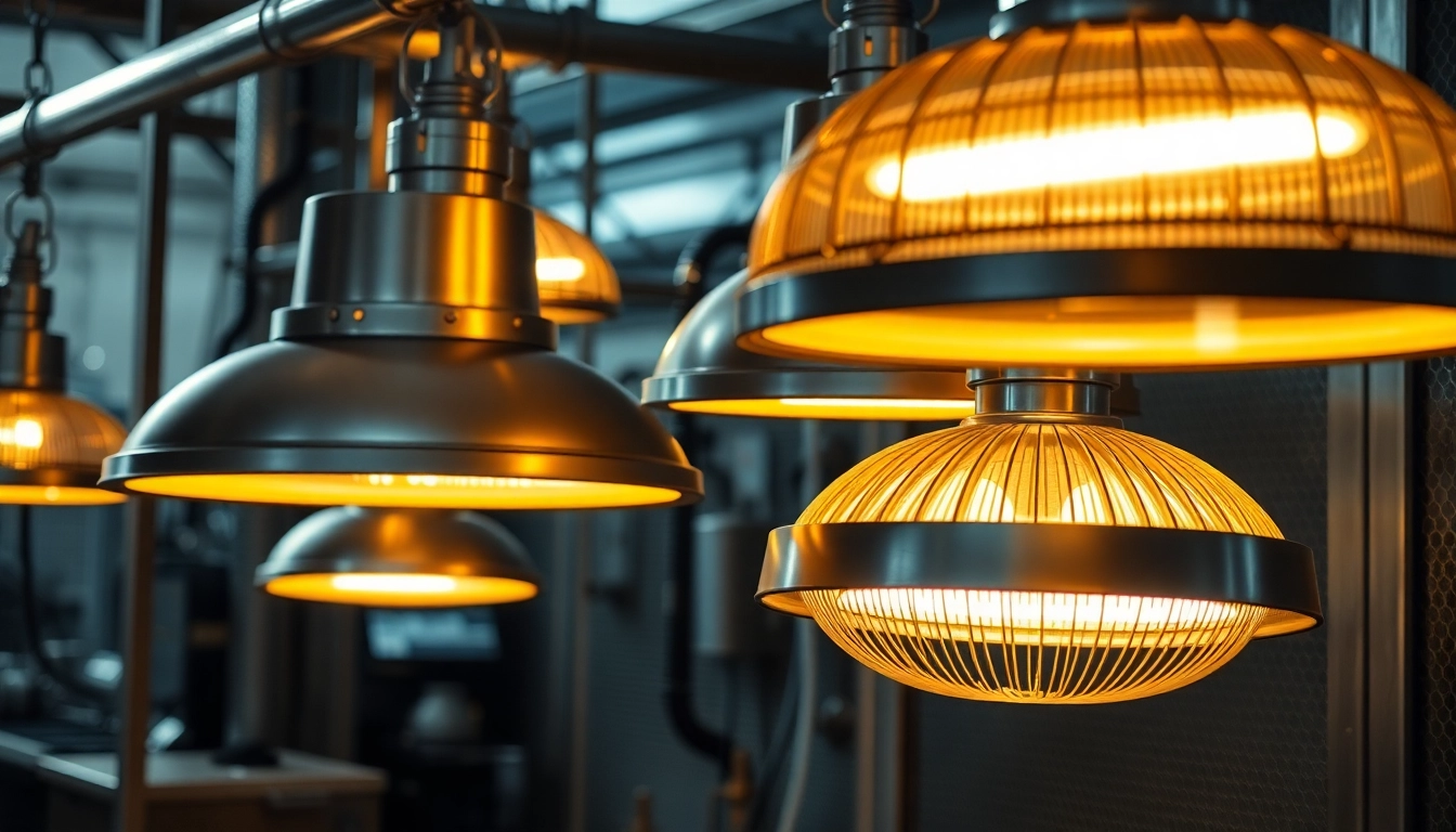 industrial heat lamps illuminating a workspace, showcasing efficiency and modern design