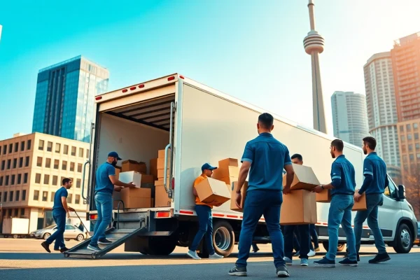 Dedicated movers Toronto efficiently loading a moving truck in a vibrant urban setting.