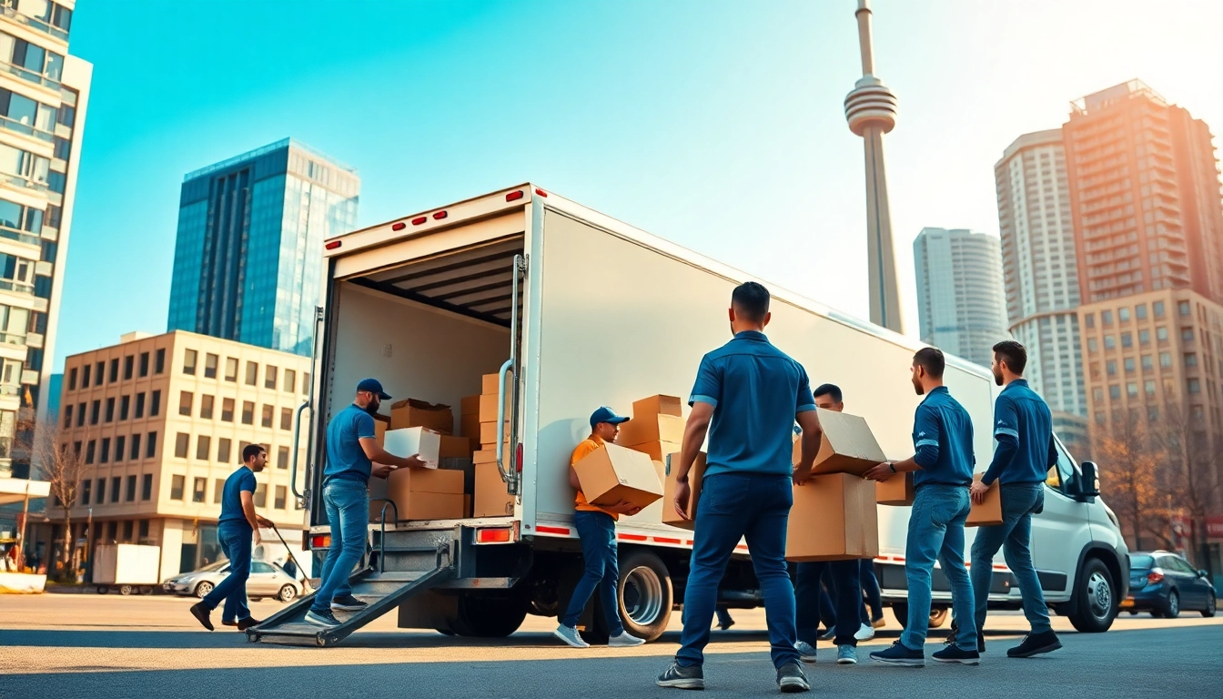 Dedicated movers Toronto efficiently loading a moving truck in a vibrant urban setting.