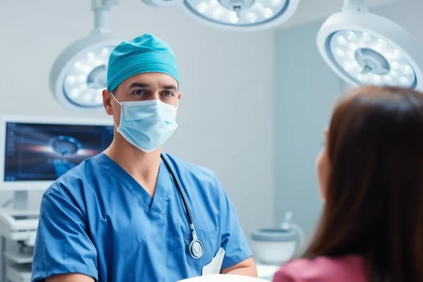 Dr Parker consulting a patient in a modern surgical theatre, showcasing professionalism.
