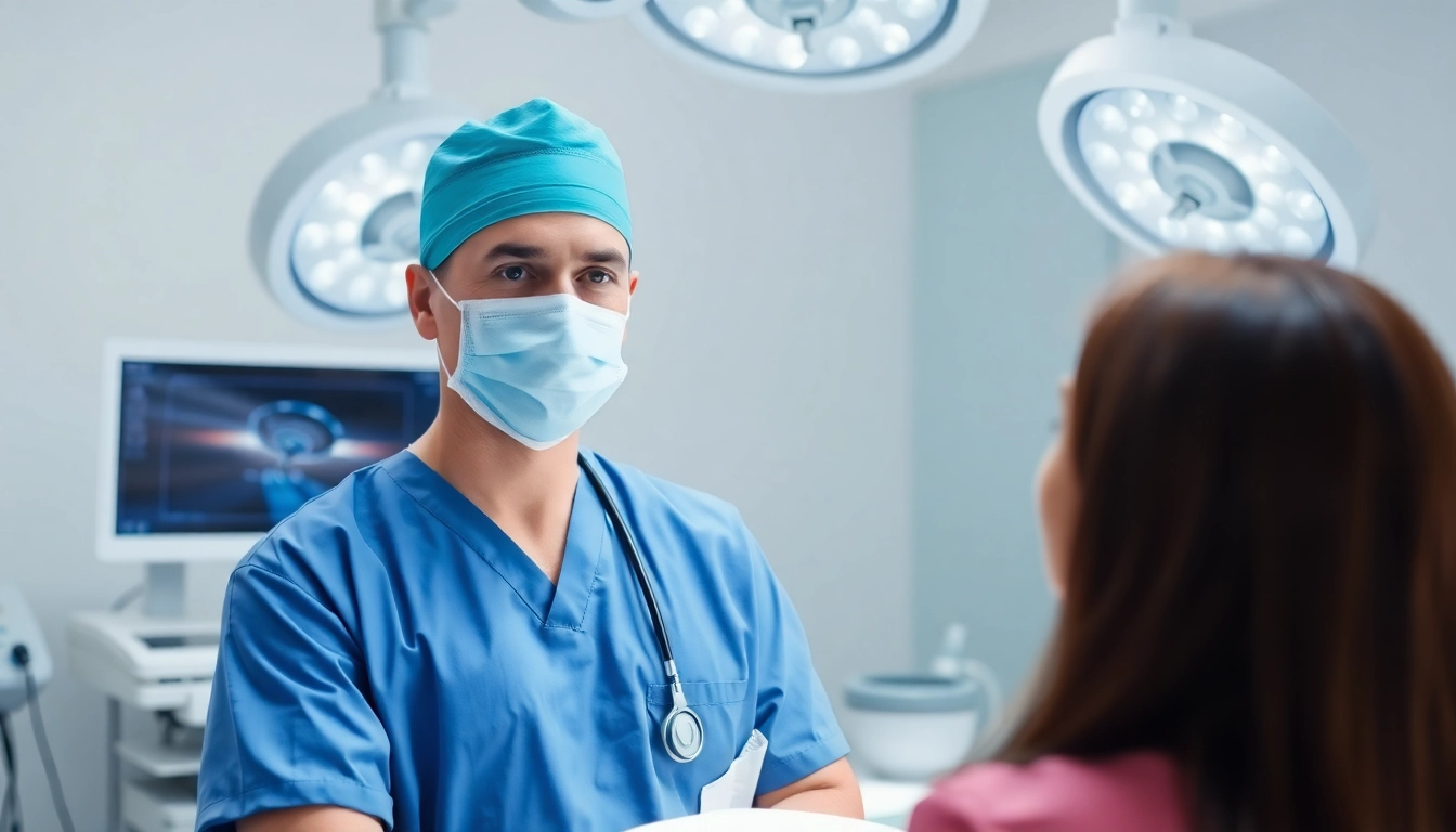 Dr Parker consulting a patient in a modern surgical theatre, showcasing professionalism.