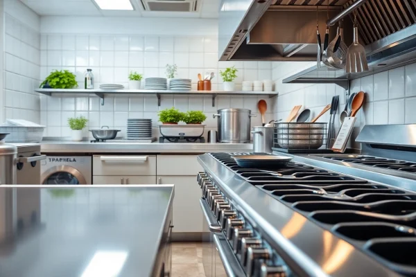 Effective Restaurant Cooking Appliance Cleaning in a spotless kitchen setting with organized cooking equipment.