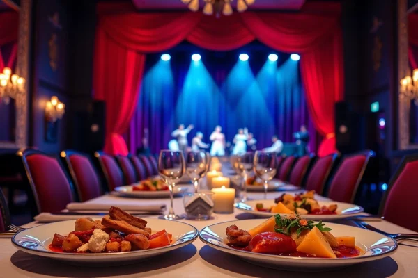 Enjoying a gourmet meal at a las vegas dinner theater with vibrant decorations.
