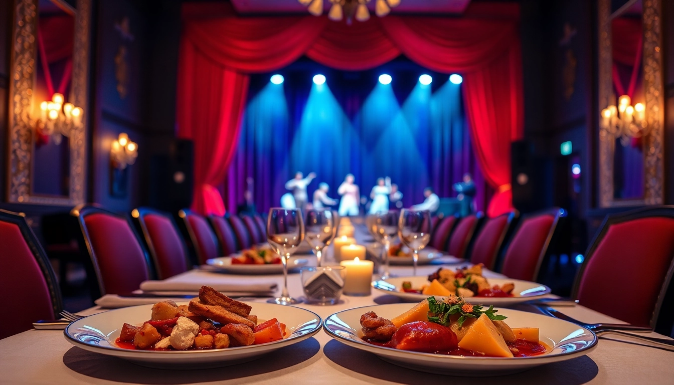 Enjoying a gourmet meal at a las vegas dinner theater with vibrant decorations.