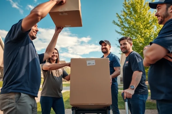 Movers calgary lifting a box demonstrating teamwork in a sunny neighborhood