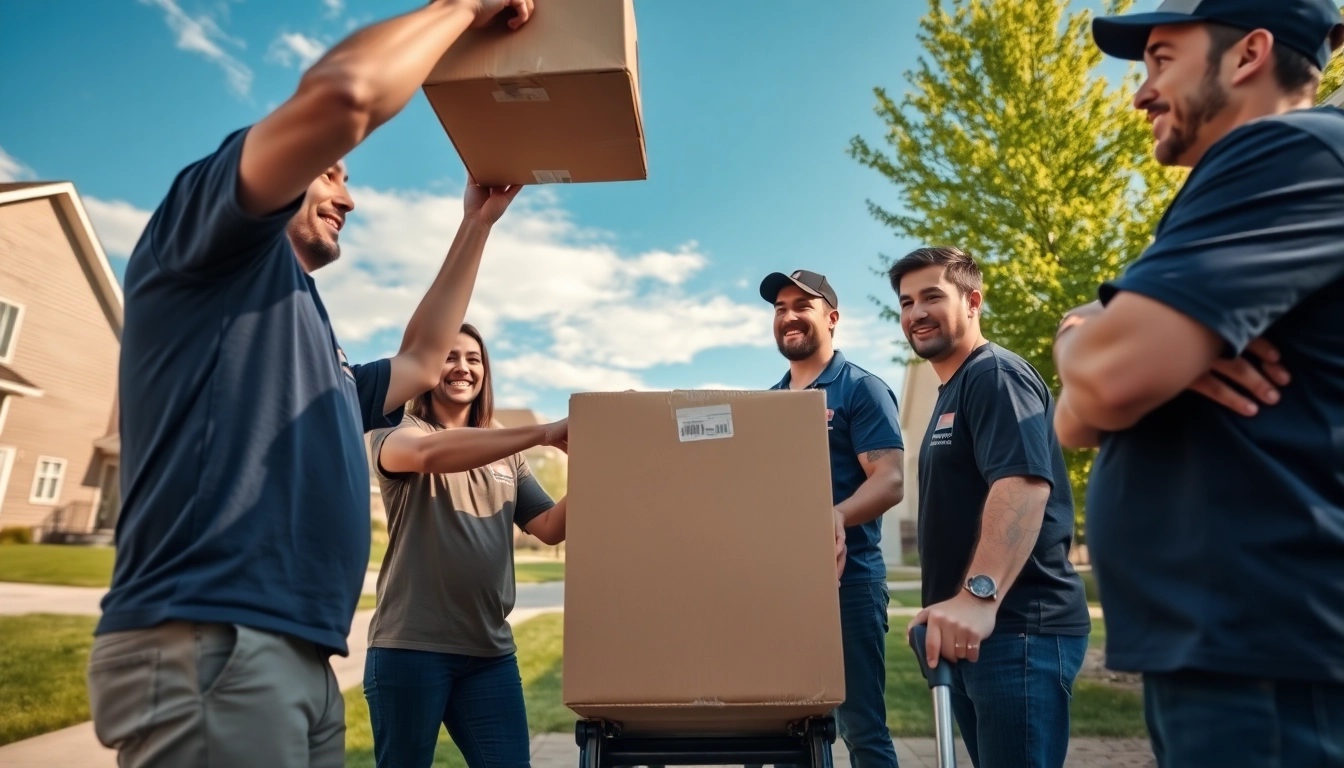 Movers calgary lifting a box demonstrating teamwork in a sunny neighborhood