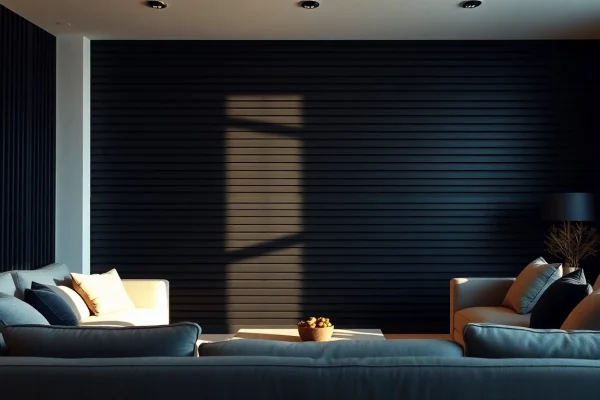 Enhance your space with a striking black slat wall that adds contemporary flair and texture.
