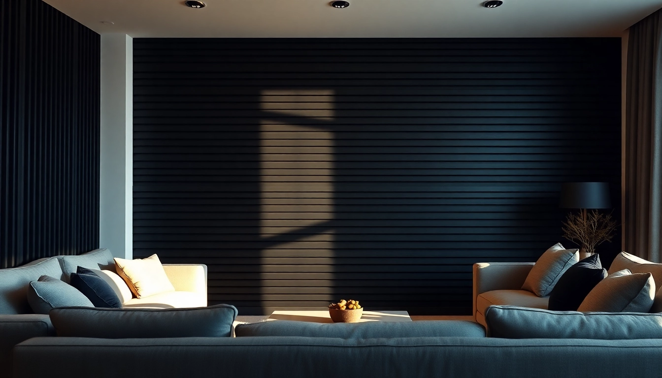 Enhance your space with a striking black slat wall that adds contemporary flair and texture.