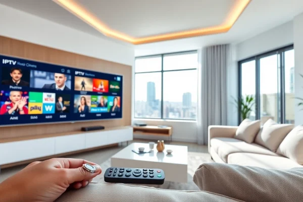 Comprar IPTV en un entorno moderno y acogedor con un televisor mostrando canales vibrantes.
