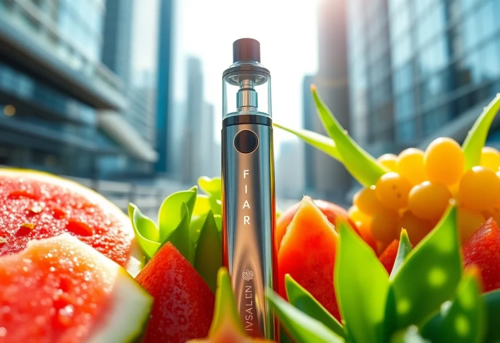 Showcasing the FIFTY BAR 6.5K disposable vape among vibrant fruit elements for a refreshing look.
